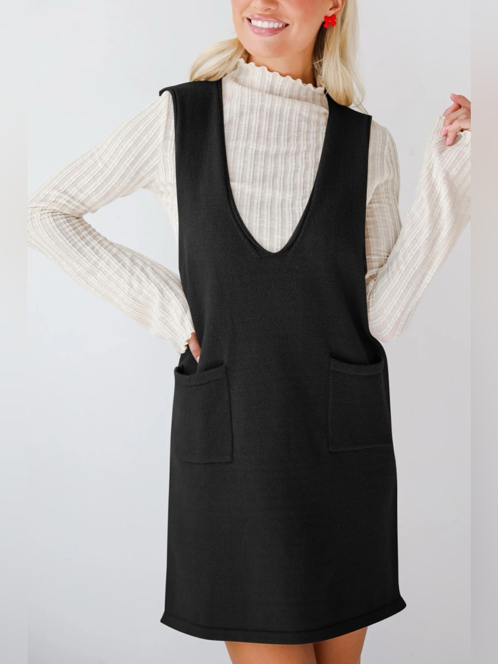 Lovelet Pocketed V-Neck Mini Sweater Overall Dress - Picture 14 of 16